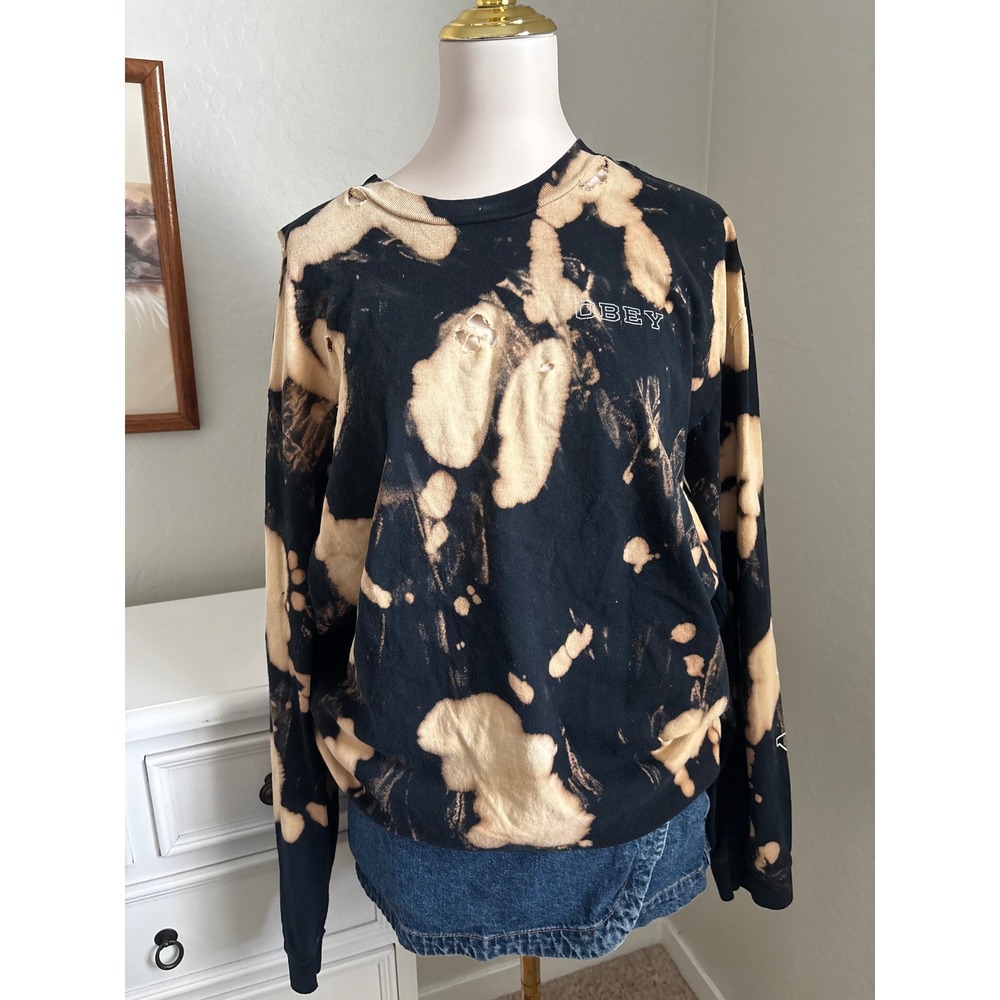 Obey Worldwide Bleached Distressed Long Sleeve Shirt Black Tan Mens Large L